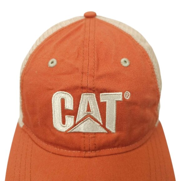 CAT Equipment Embroidered Mesh Strapback Cap Trucker Baseball Hat Orange Tan - Picture 7 of 14